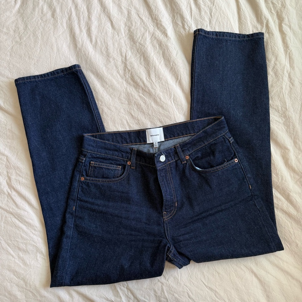 Reformation Greer Mid Rise Straight Jeans in Ondine — PETITE